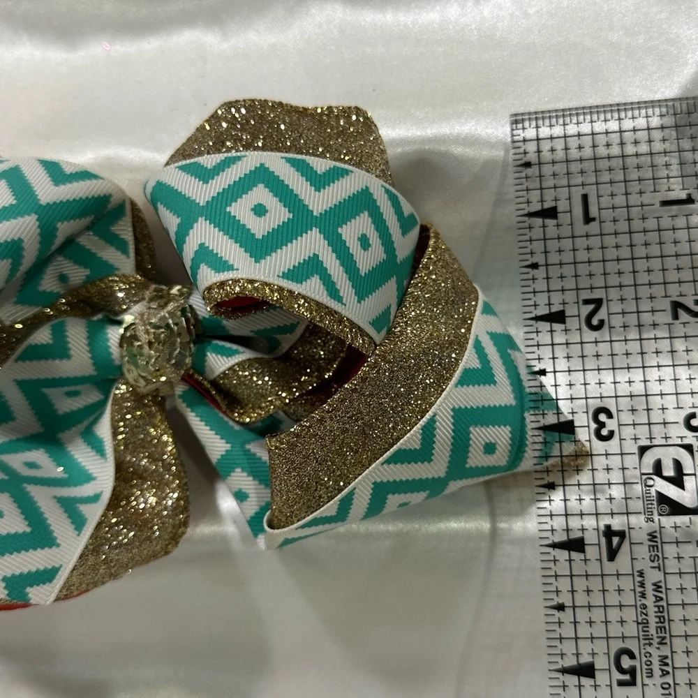 XL Hair Bow.  Teal Geometric & Gold Glitter